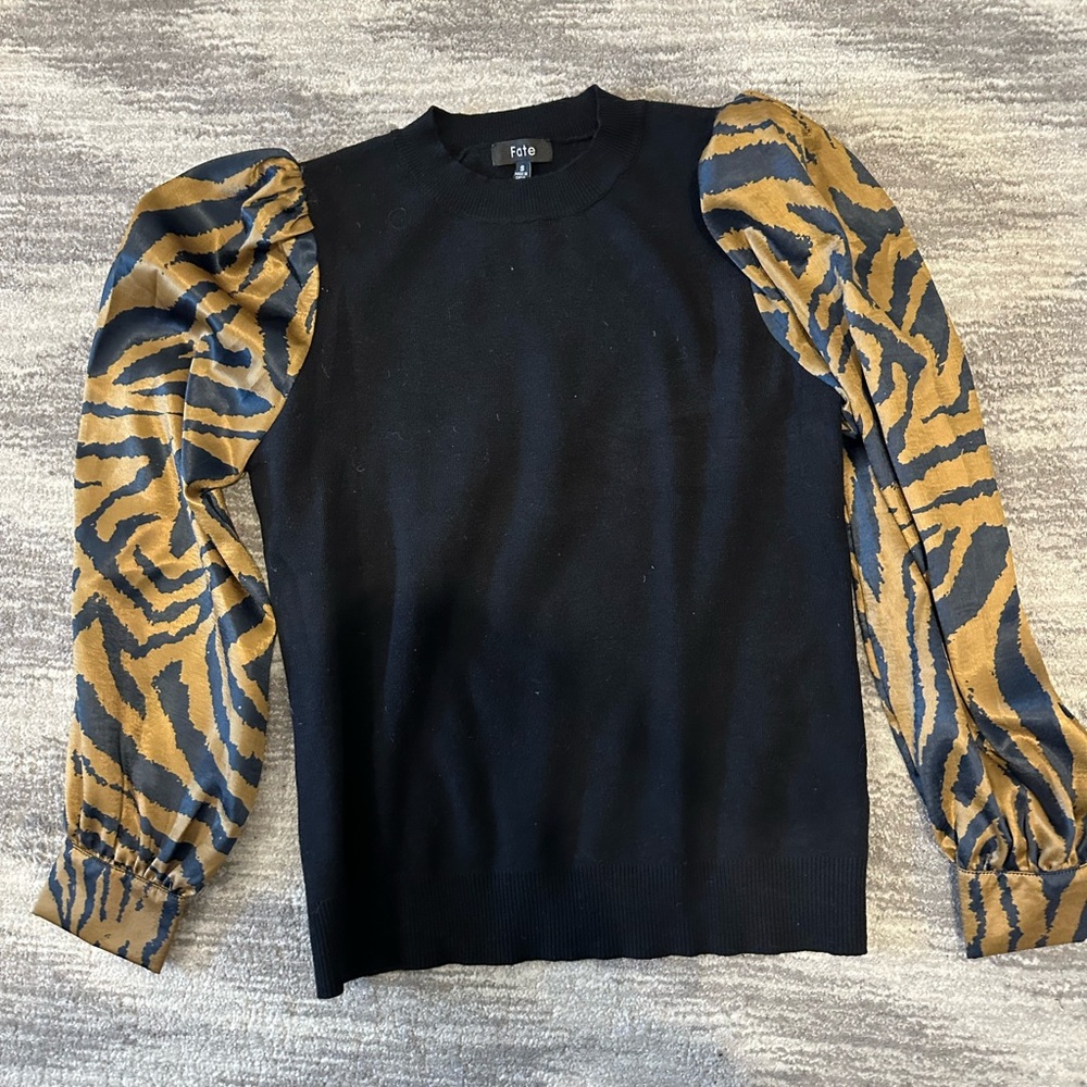 Fate Black Sweater with Gold Zebra Puff Sleeves